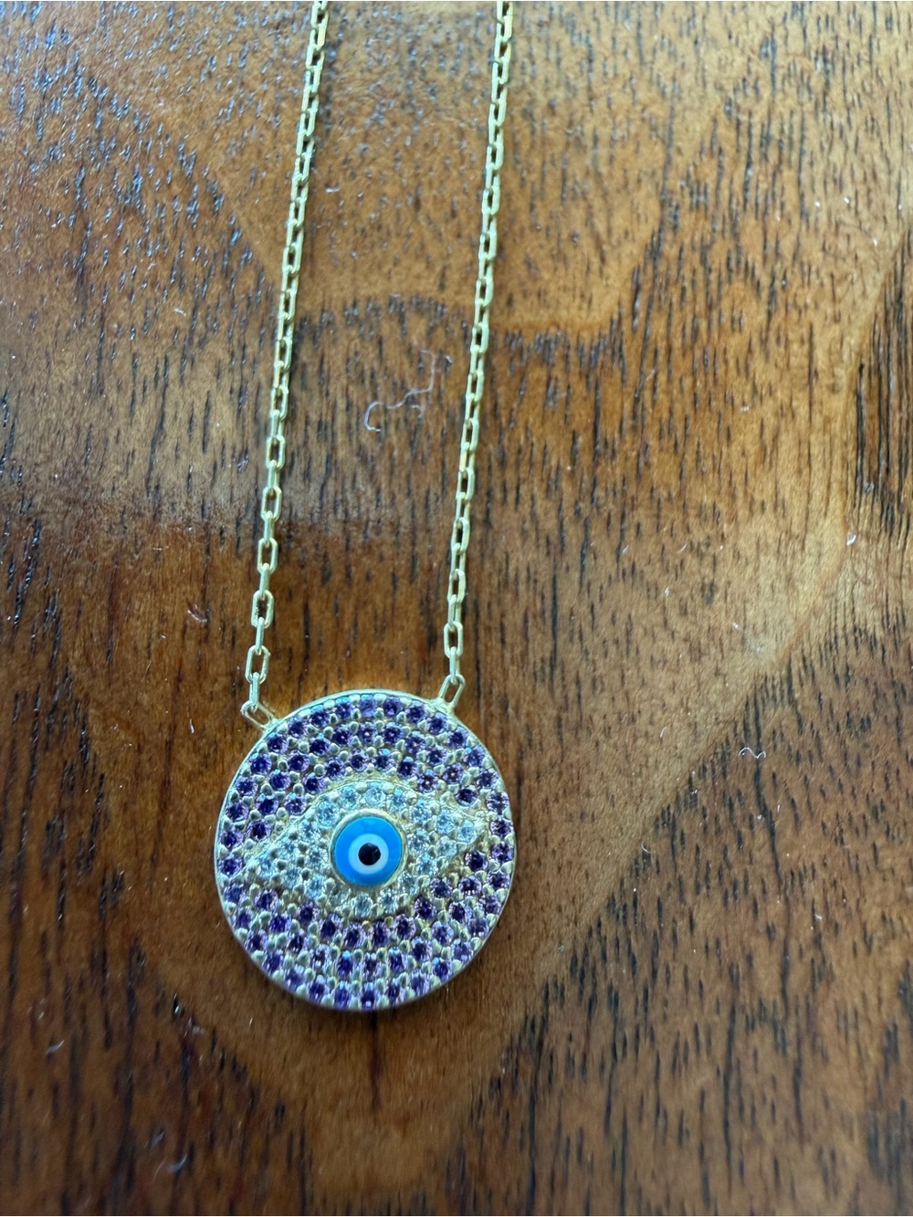 Gold-Tone Purple Pavé Evil Eye Pendant Necklace with Blue Center